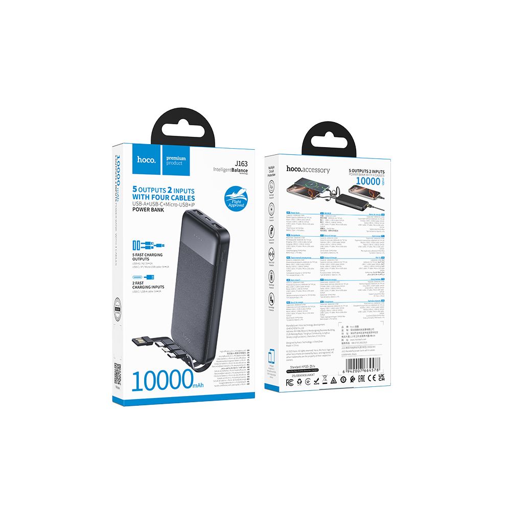 Baterie Externa HOCO J163, 10000mAh, 10W, 1 x Lightning - 1 x microUSB - 2 x USB-A - 1 x USB-C, Neagra