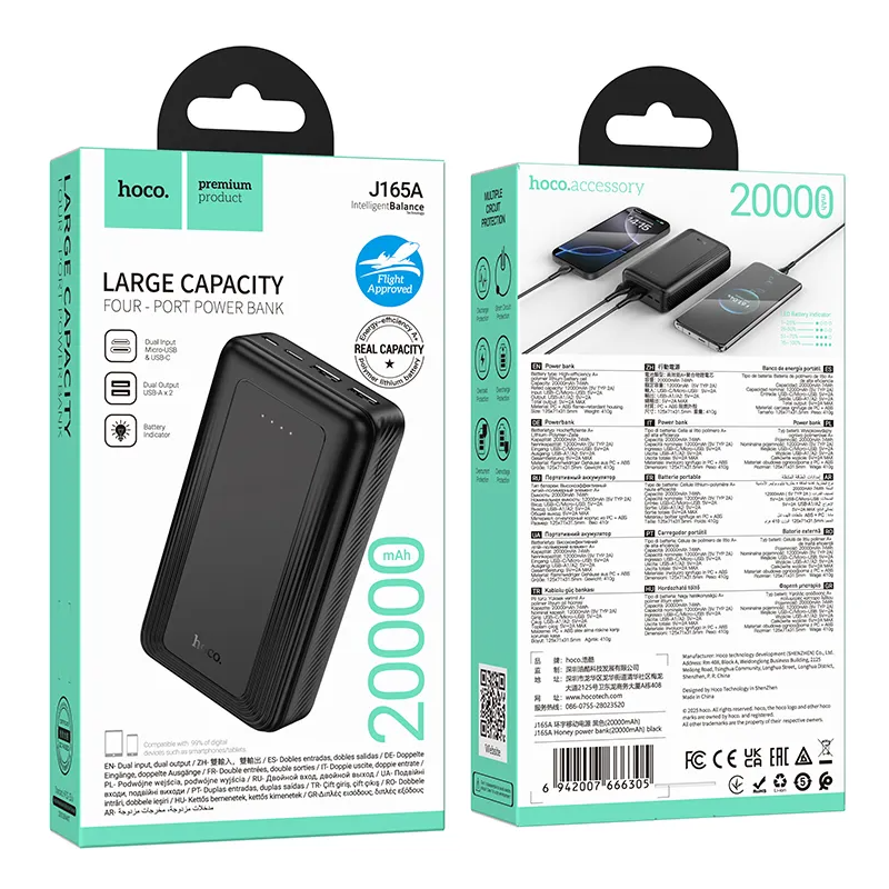 Baterie Externa HOCO J165A, 20000mAh, 10W, 2 x USB-A, Neagra