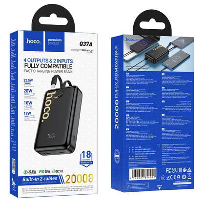 Baterie Externa HOCO Q37A, 20000mAh, 22.5W, QC + PD, 1 x Lightning - 1 x USB-A - 2 x USB-C, Neagra