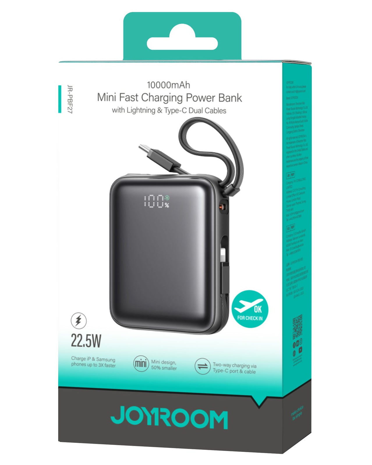 Baterie Externa Joyroom JR-PBF27, 10000mAh, 22.5W, QC + PD, 1 x Lightning - 2 x USB-C, Neagra