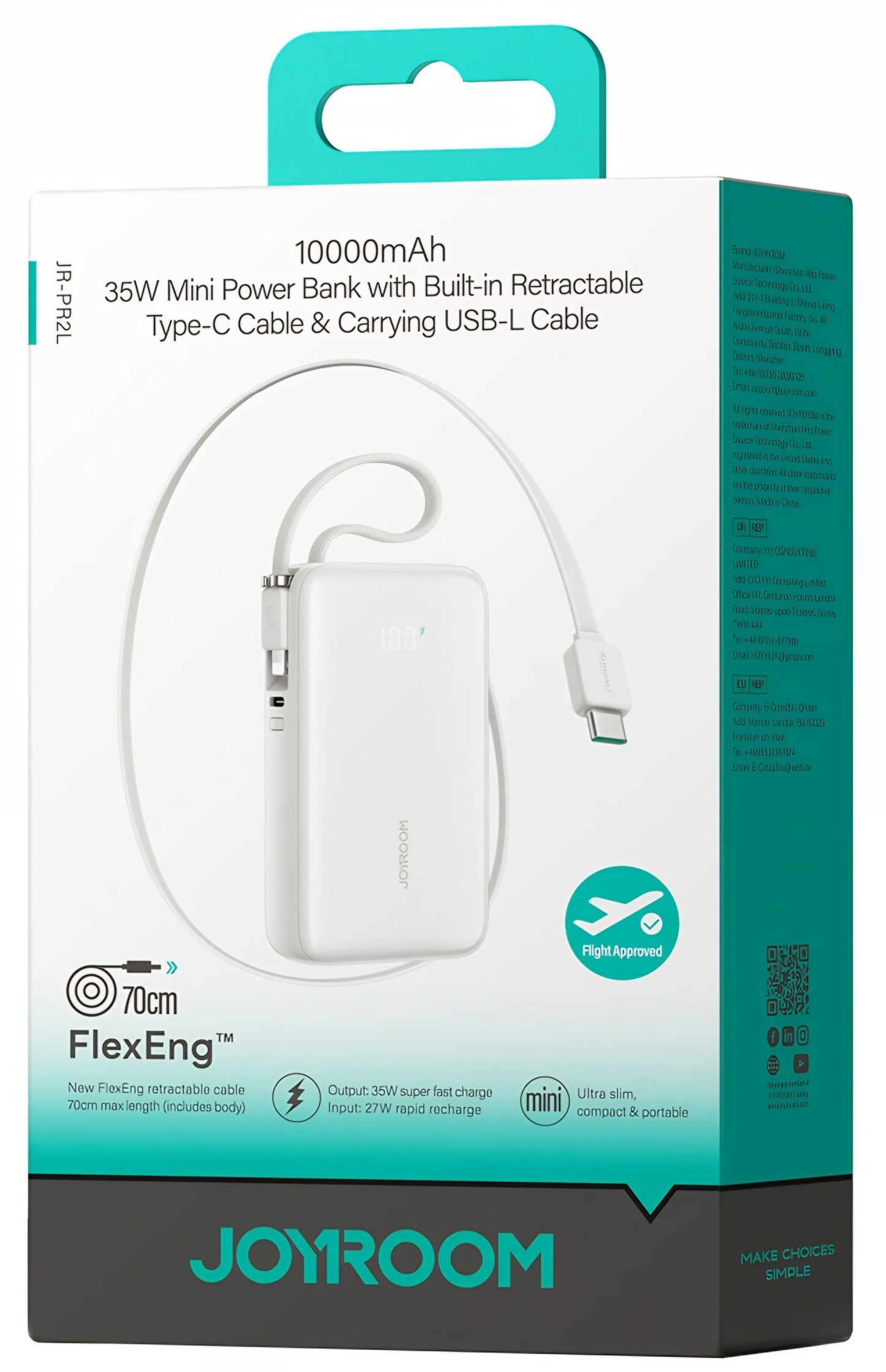 Baterie Externa Joyroom JR-PR2L, 10000mAh, 35W, QC + PD, 1 x Lightning - 1 x USB-C, Alba