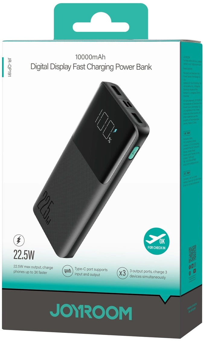 Baterie Externa Joyroom JR-QP191, 10000mAh, 22.5W, QC + PD, 1 x USB-C - 2 x USB-A, Neagra