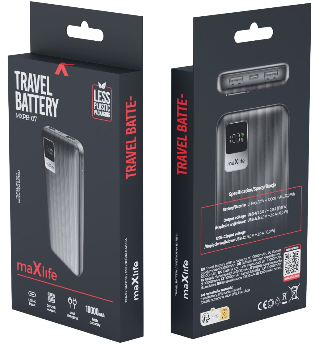 Baterie Externa MaXlife MXPB-07, 10000mAh, 10W, 2 x USB-A, Neagra