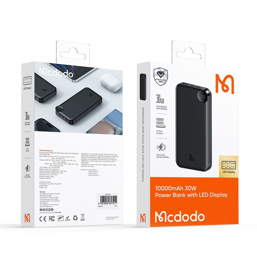 Baterie Externa McDodo MC-3850 Display, 10000mAh, 30W, QC + PD, 1 x USB-A - 2 x USB-C, Neagra