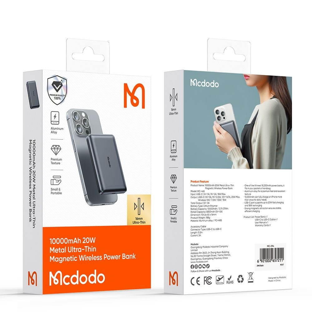 Baterie Externa Wireless McDodo MC-4651 Meta, 10000mAh, 20W, PD + FQI, 1 x QI - 1 x USB-C, Neagra