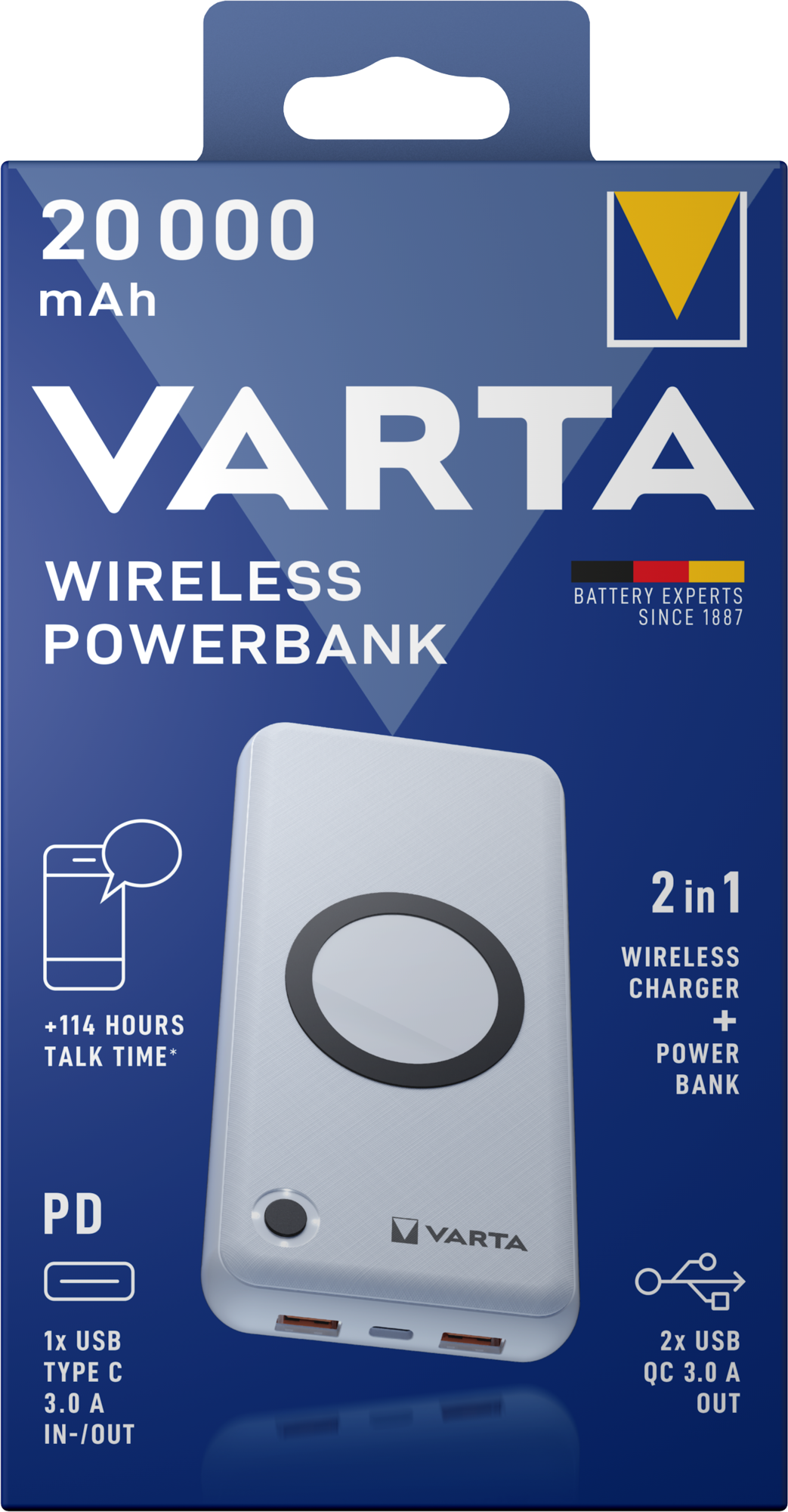 Baterie Externa Wireless Varta Energy, 20000mAh, 18W, QC + PD + FQI, 1 x QI - 1 x USB-C - 2 x USB-A, Alba