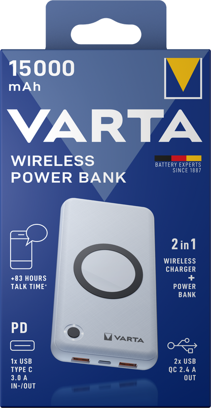 Baterie Externa Wireless Varta Energy, 15000mAh, 18W, QC + PD + FQI, 1 x QI - 1 x USB-C - 2 x USB-A, Alba