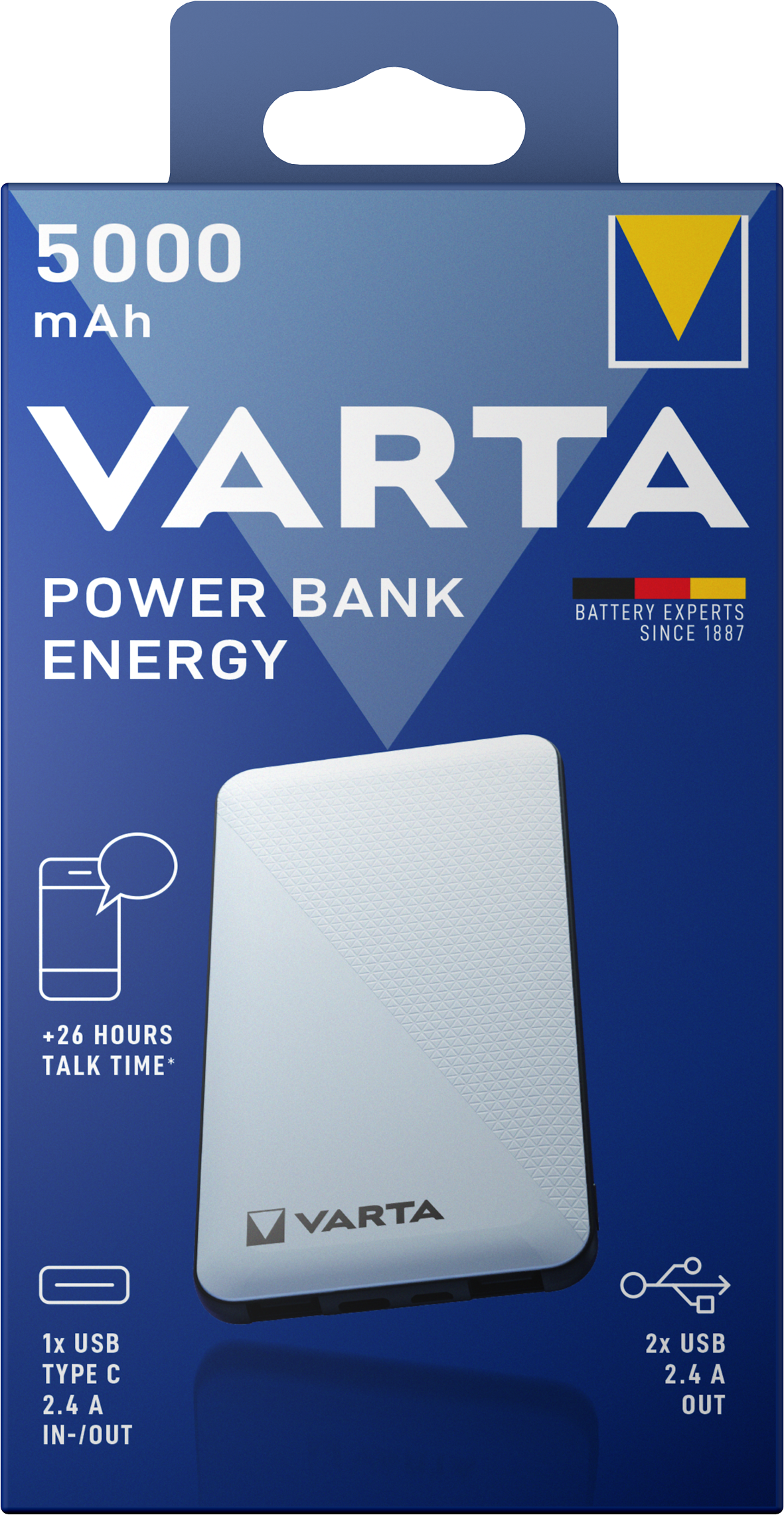 Baterie Externa Varta Energy, 5000mAh, 15W, 2 x USB-A - 1 x USB-C, Alba