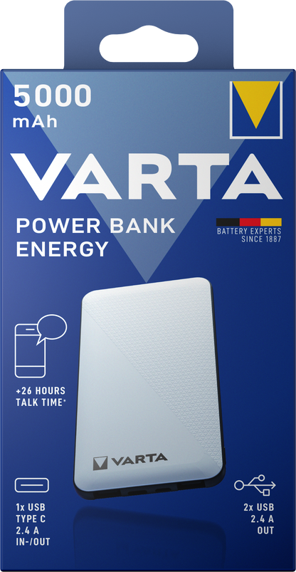 Baterie Externa Varta Energy, 5000mAh, 15W, 2 x USB-A - 1 x USB-C, Alba