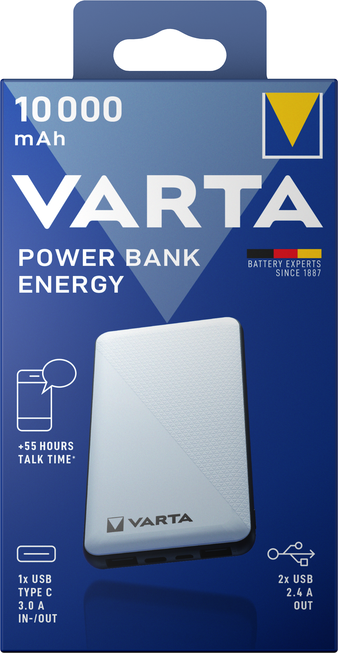 Baterie Externa Varta Energy, 10000mAh, 15W, 2 x USB-A - 1 x USB-C, Alba