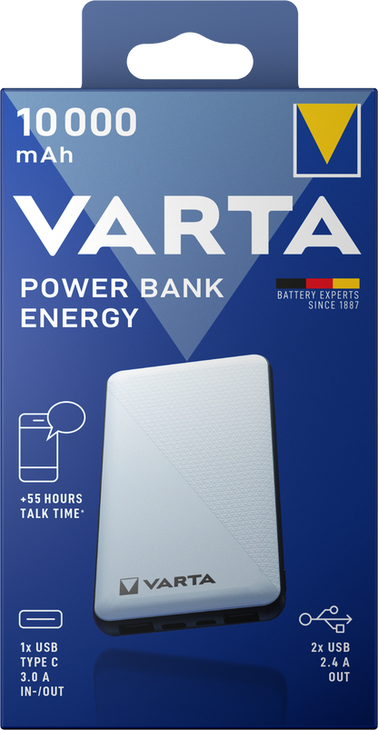 Baterie Externa Varta Energy, 10000mAh, 15W, 2 x USB-A - 1 x USB-C, Alba