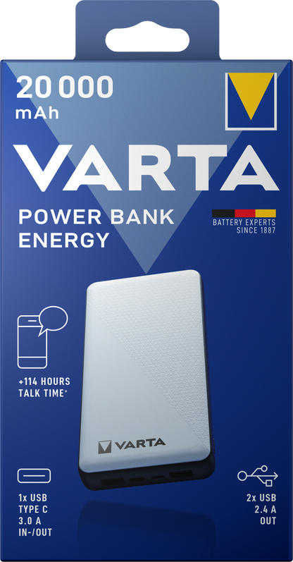 Varta Energy External Battery, 20000mAh, 15W, 2 x USB-A - 1 x USB-C, White