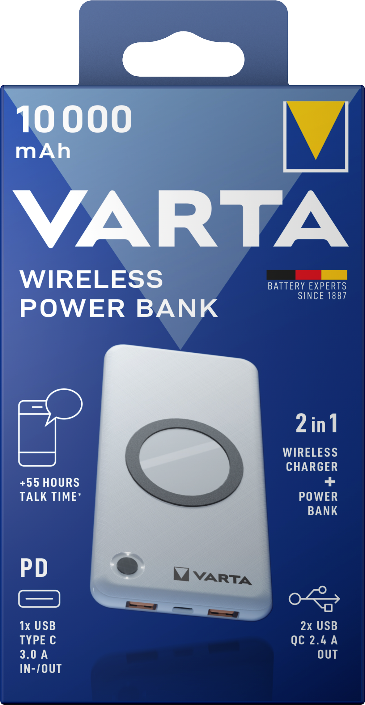 Baterie Externa Wireless Varta Energy, 10000mAh, 18W, QC + PD + FQI, 1 x QI - 1 x USB-C - 2 x USB-A, Alba