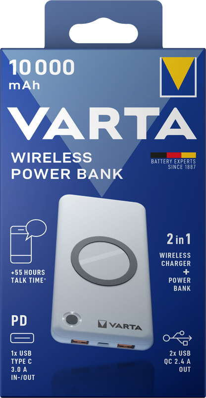 Baterie Externa Wireless Varta Energy, 10000mAh, 18W, QC + PD + FQI, 1 x QI - 1 x USB-C - 2 x USB-A, Alba