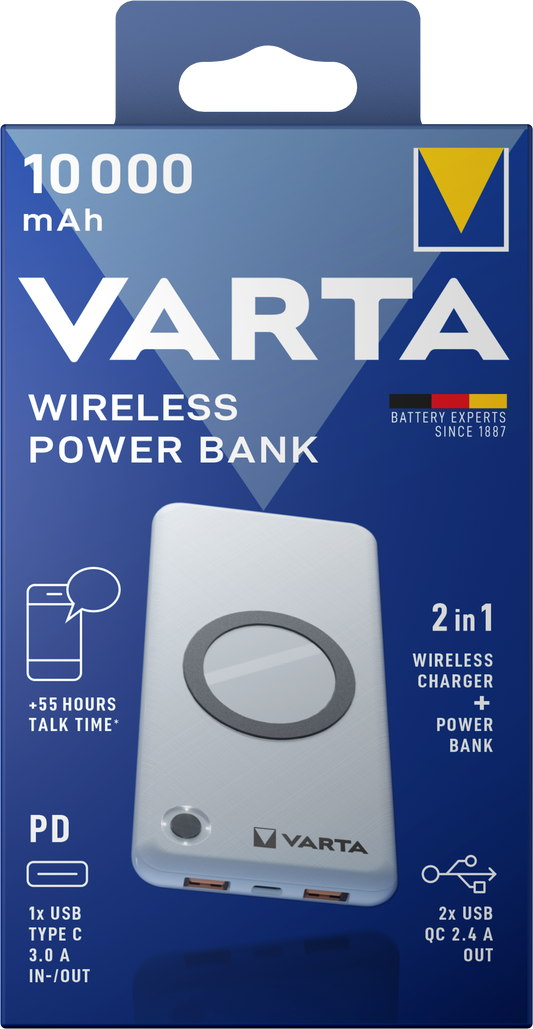 Baterie Externa Wireless Varta Energy, 10000mAh, 18W, QC + PD + FQI, 1 x QI - 1 x USB-C - 2 x USB-A, Alba