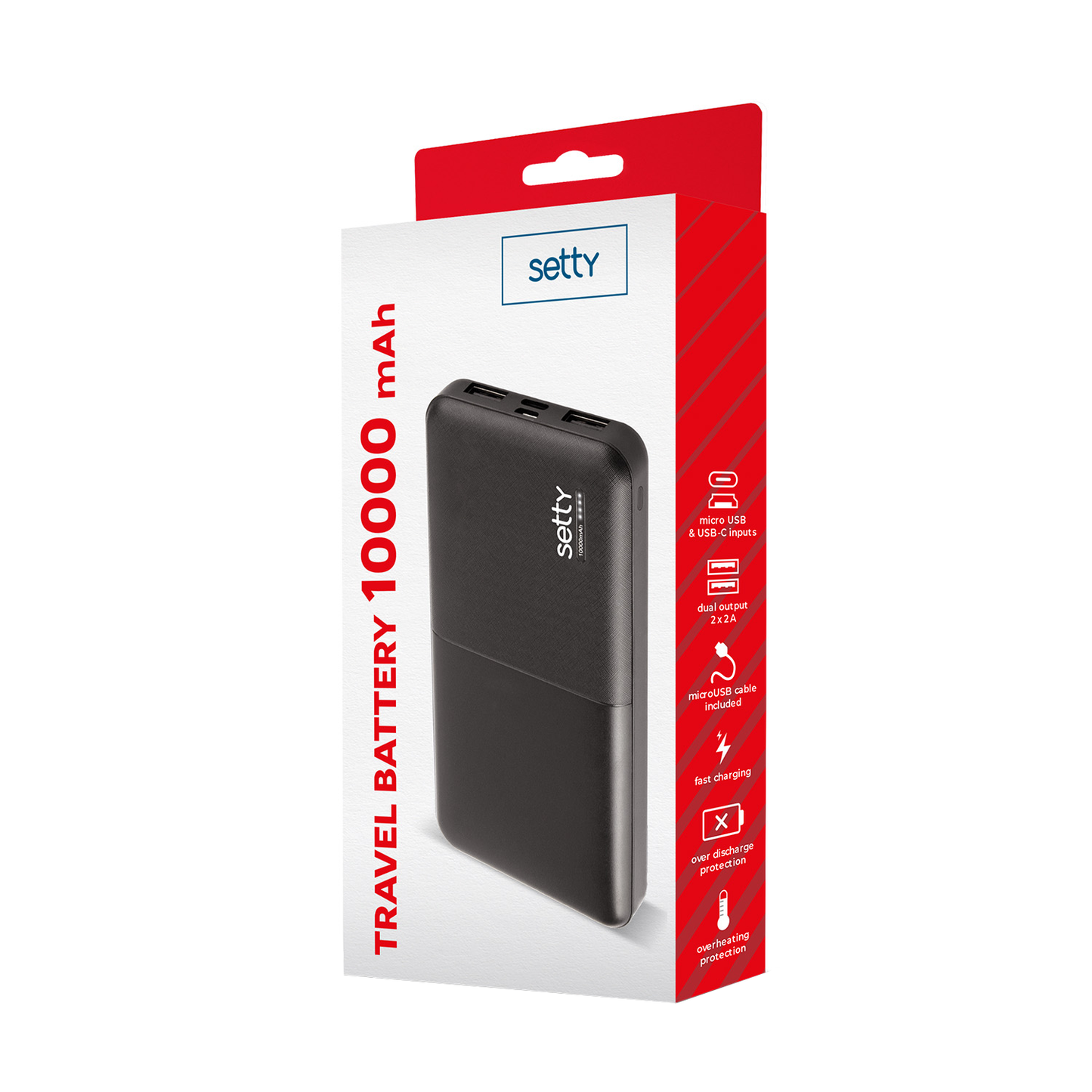 Baterie Externa Setty, 10000mAh, 10W, 2 x USB-A, Neagra