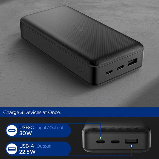 Baterie Externa Spigen, 30000mAh, 30W, QC + PD, 1 x USB-A - 2 x USB-C, Neagra