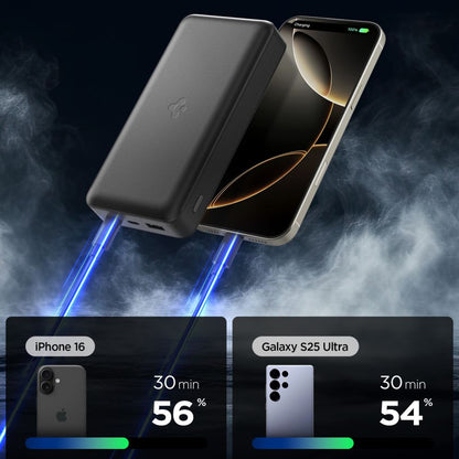 Baterie Externa Spigen, 30000mAh, 30W, QC + PD, 1 x USB-A - 2 x USB-C, Neagra