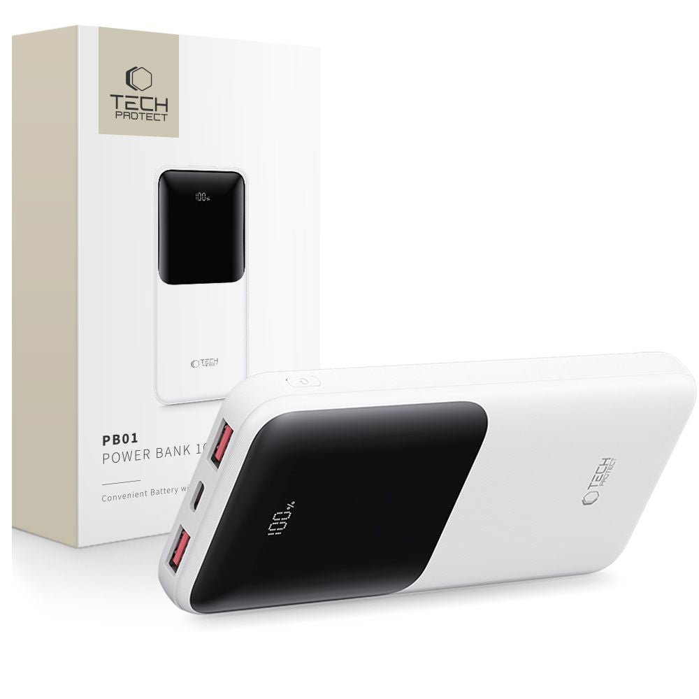 Baterie Externa Tech-Protect PB01, 10000mAh, 22.5W, QC + PD, 1 x USB-C - 2 x USB-A, Alba