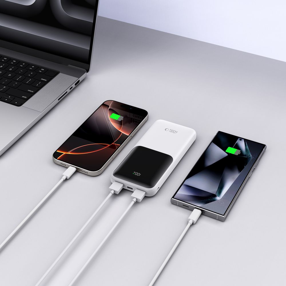 Baterie Externa Tech-Protect PB01, 10000mAh, 22.5W, QC + PD, 1 x USB-C - 2 x USB-A, Alba