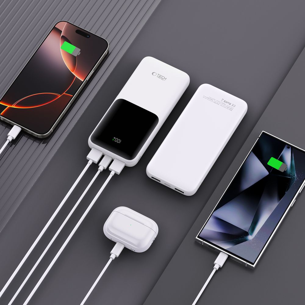 Baterie Externa Tech-Protect PB01, 10000mAh, 22.5W, QC + PD, 1 x USB-C - 2 x USB-A, Alba