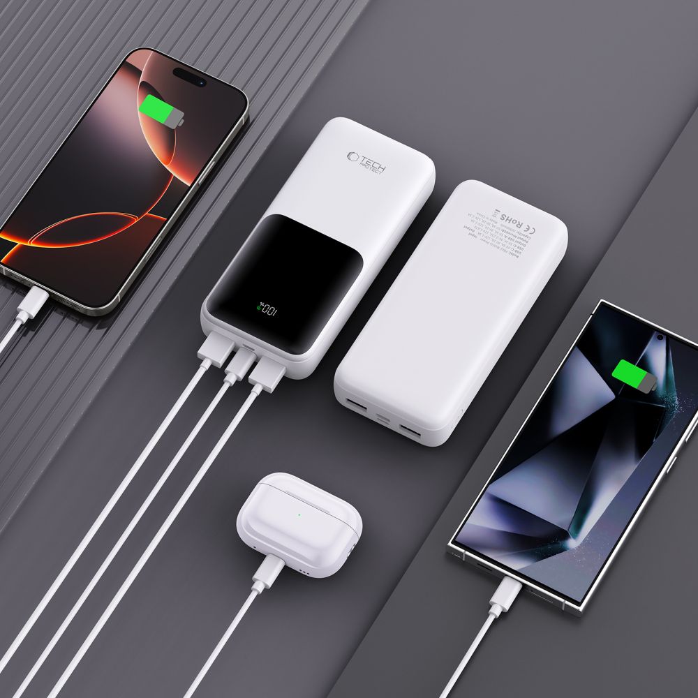 Baterie Externa Tech-Protect PB02, 20000mAh, 22.5W, QC + PD, 1 x USB-C - 2 x USB-A, Alba