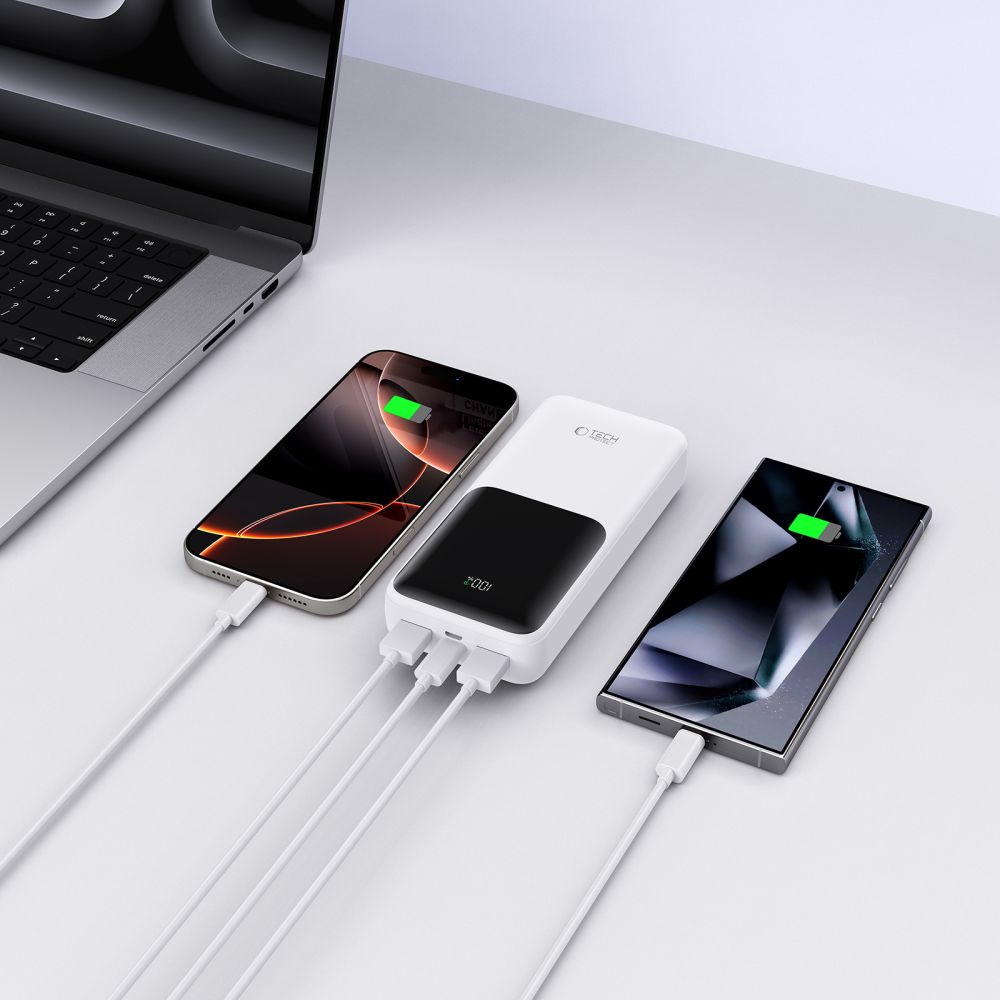 Baterie Externa Tech-Protect PB02, 20000mAh, 22.5W, QC + PD, 1 x USB-C - 2 x USB-A, Alba