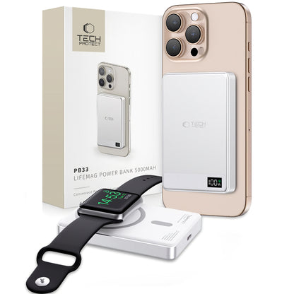 Baterie Externa Wireless Tech-Protect PB33 LifeMag, 5000mAh, 15W, FQI, 1 x QI - 1 x USB-C, Gri