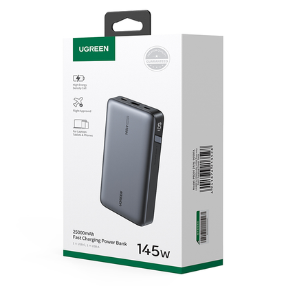 Baterie Externa UGREEN PB205, 25000mAh, 145W, QC + PD, 1 x USB-A - 2 x USB-C, Gri