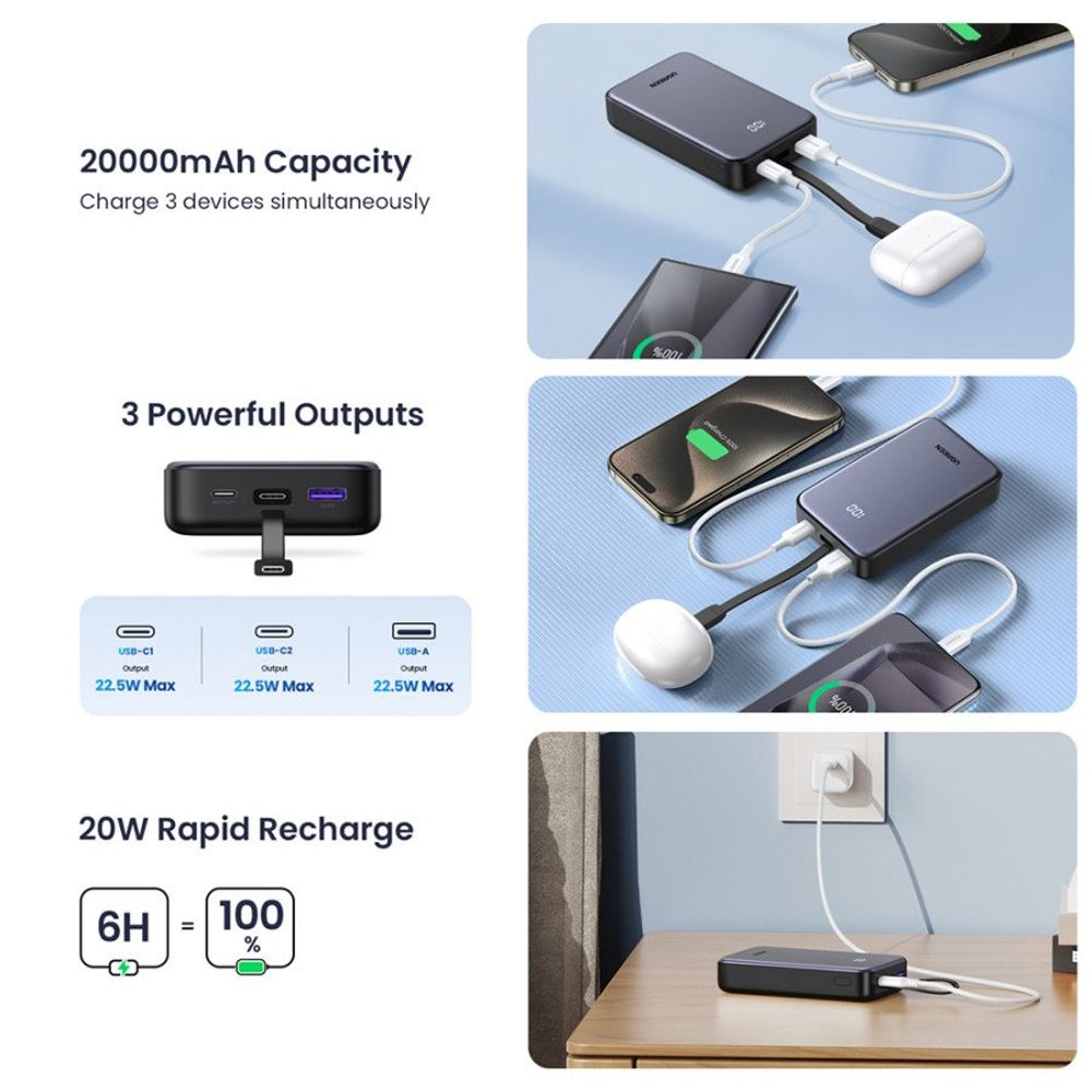 Baterie Externa UGREEN PB505, 20000mAh, 22.5W, QC + PD, 1 x USB-A - 2 x USB-C, Gri