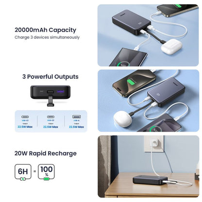 Baterie Externa UGREEN PB505, 20000mAh, 22.5W, QC + PD, 1 x USB-A - 2 x USB-C, Gri