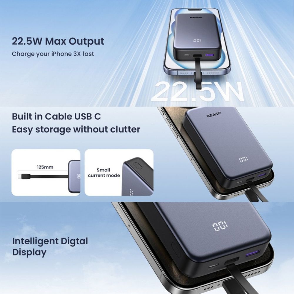 Baterie Externa UGREEN PB505, 20000mAh, 22.5W, QC + PD, 1 x USB-A - 2 x USB-C, Gri