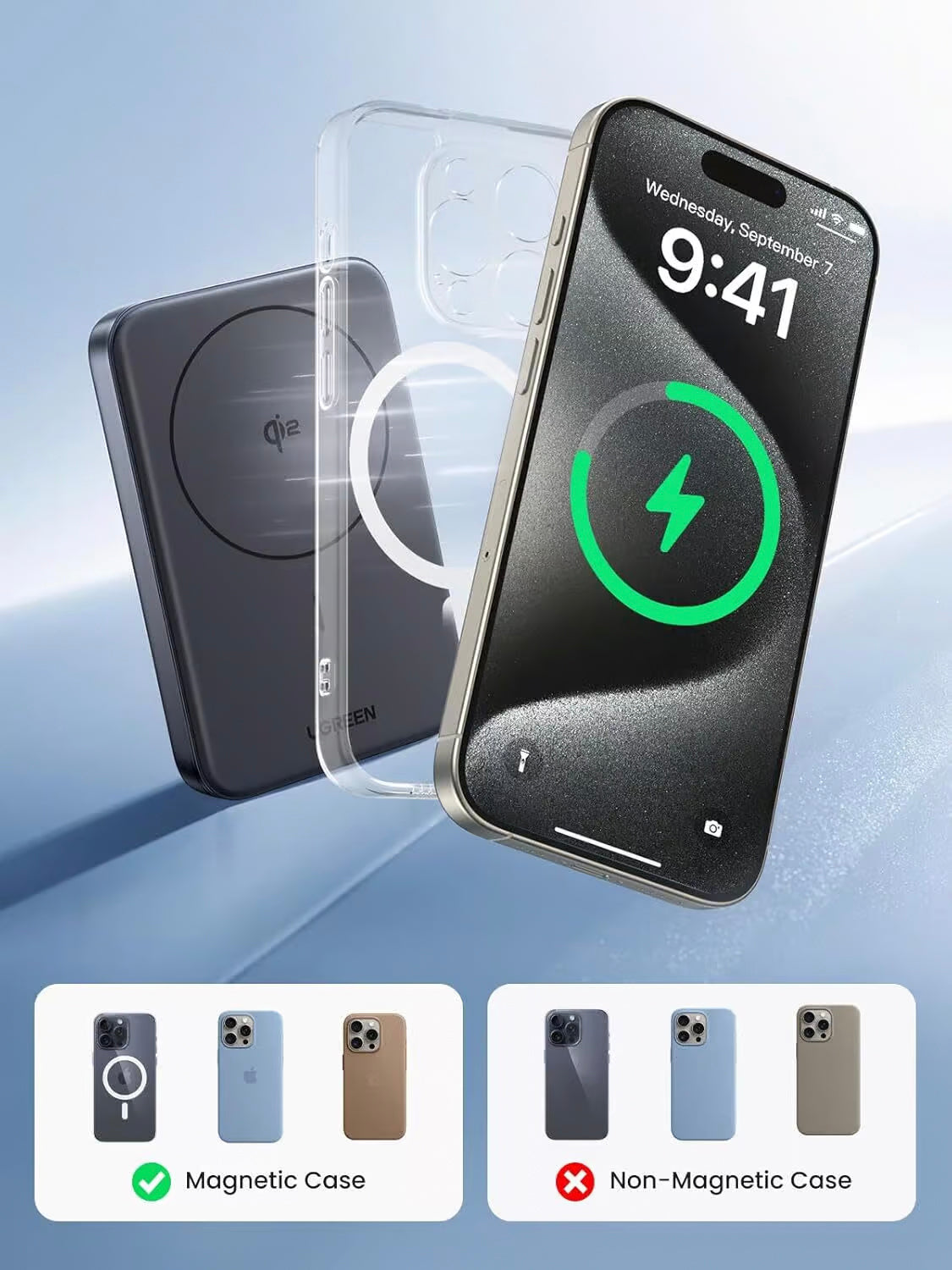 Baterie Externa UGREEN PB761, 10000mAh, 30W, PD + FQI, 1 x QI - 1 x USB-C, Gri