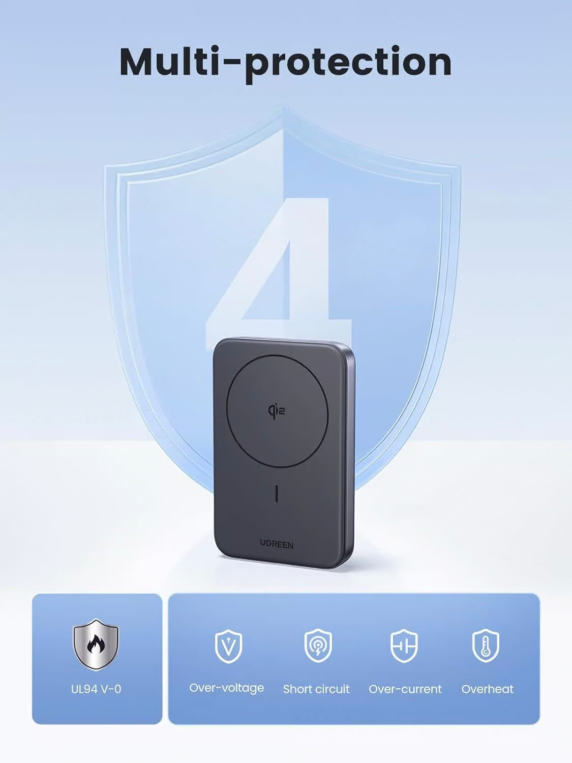 Baterie Externa UGREEN PB761, 10000mAh, 30W, PD + FQI, 1 x QI - 1 x USB-C, Gri