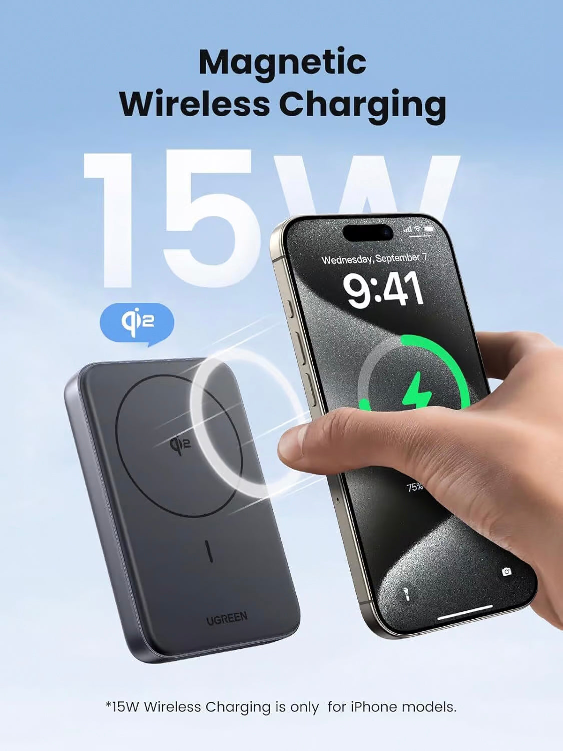 Baterie Externa UGREEN PB761, 10000mAh, 30W, PD + FQI, 1 x QI - 1 x USB-C, Gri