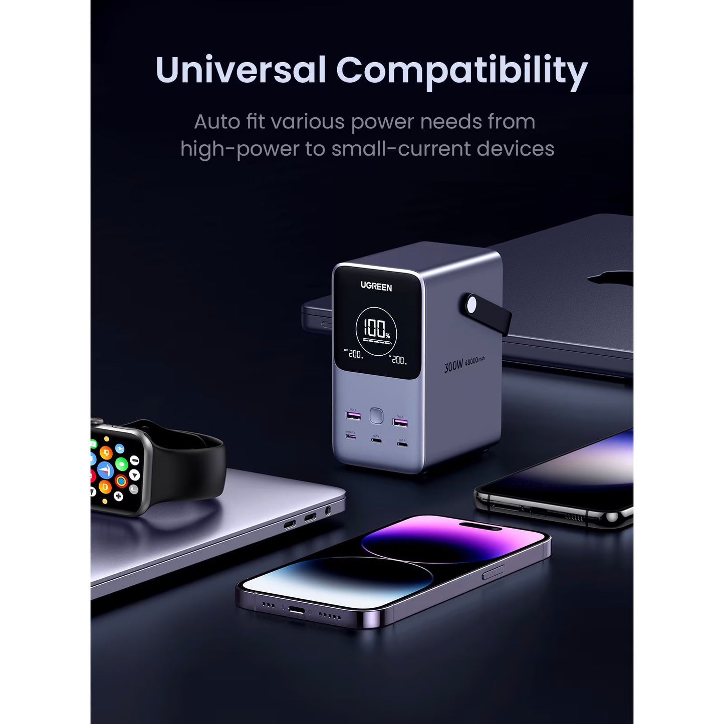 Baterie Externa UGREEN PB770, 48000mAh, 300W, QC + PD, 2 x USB-A - 3 x USB-C, Gri