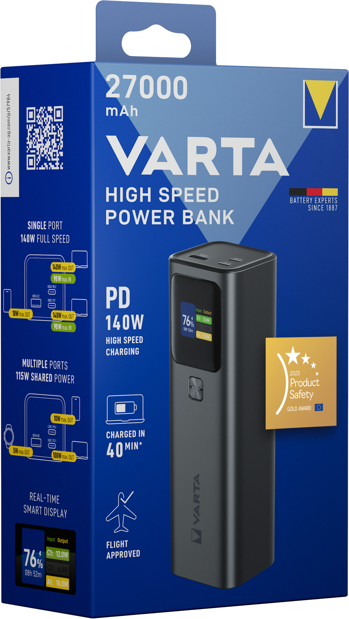 Baterie Externa Varta High Speed, 27000mAh, 140W, QC + PD, 1 x USB-A - 2 x USB-C, Neagra