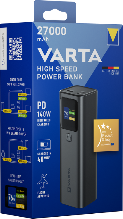 Baterie Externa Varta High Speed, 27000mAh, 140W, QC + PD, 1 x USB-A - 2 x USB-C, Neagra