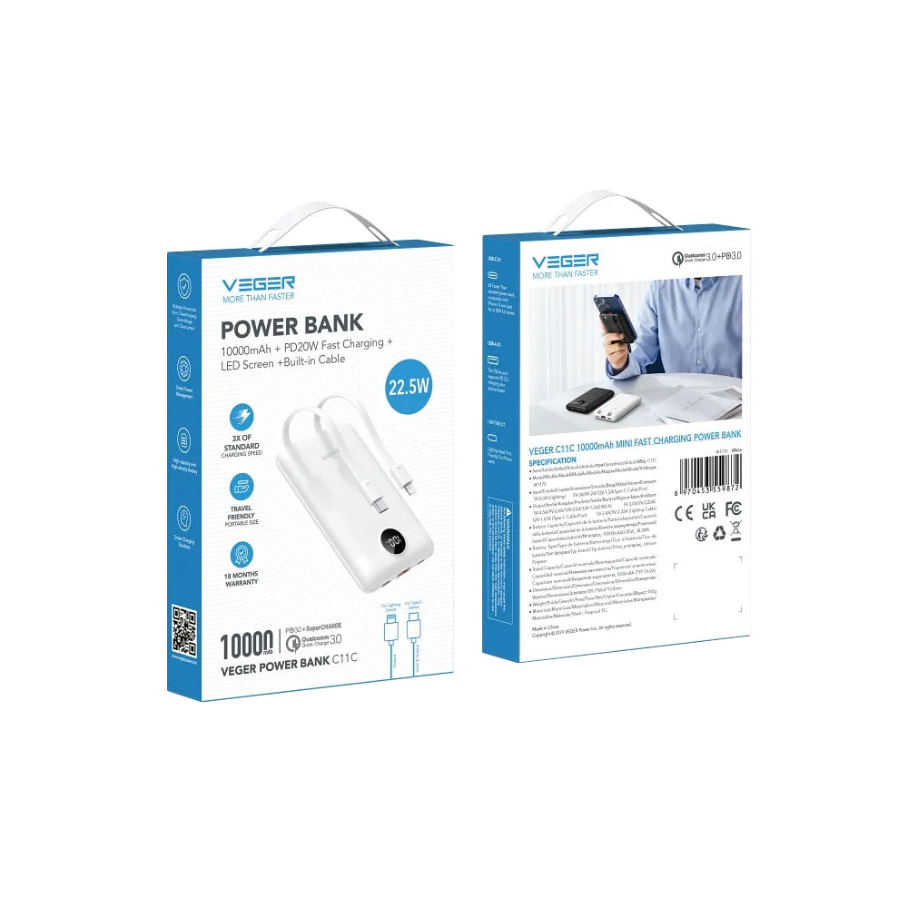 Baterie Externa Veger C11C, 10000mAh, 22.5W, QC + PD, 1 x Lightning - 1 x USB-A - 2 x USB-C, Alba