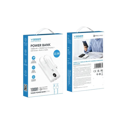 Baterie Externa Veger C11C, 10000mAh, 22.5W, QC + PD, 1 x Lightning - 1 x USB-A - 2 x USB-C, Alba