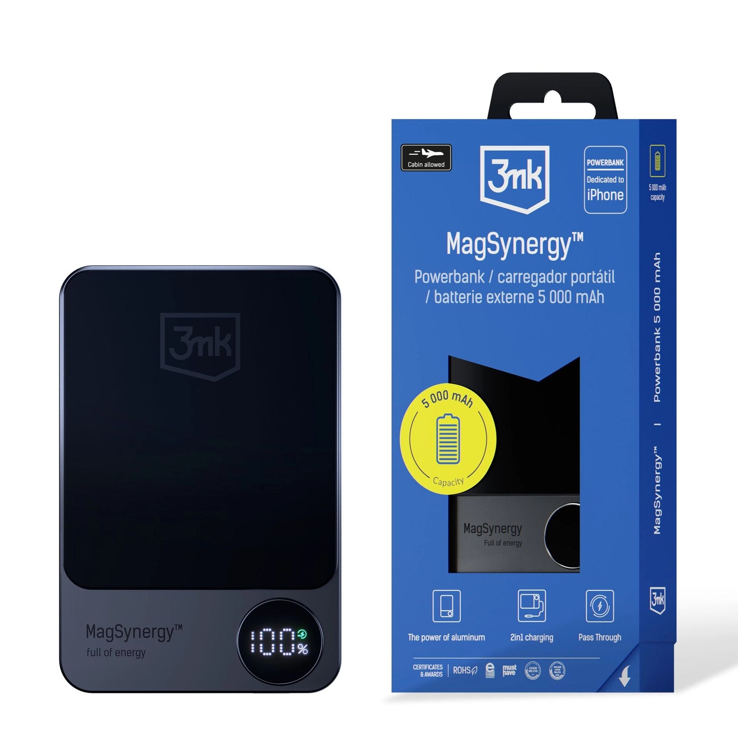 Baterie Externa Wireless 3MK MagSynergy, 5000mAh, 18W, PD + FQI, 1 x USB-C, Neagra