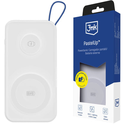 Baterie Externa Wireless 3MK PastelUp, 10000mAh, 22.5W, QC + PD + FQI, 1 x USB-A - 1 x USB-C - 2 x QI, Alba