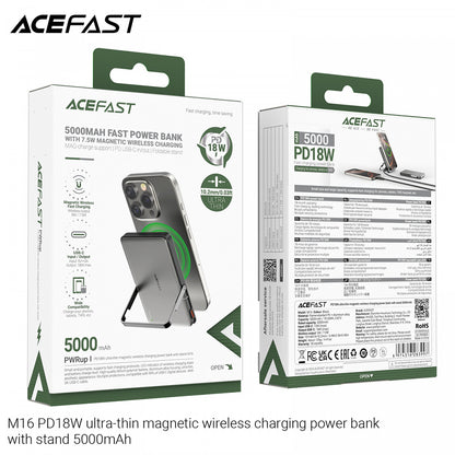 Baterie Externa Wireless Acefast M16, 5000mAh, 18W, PD + FQI, 1 x QI - 1 x USB-C, Neagra