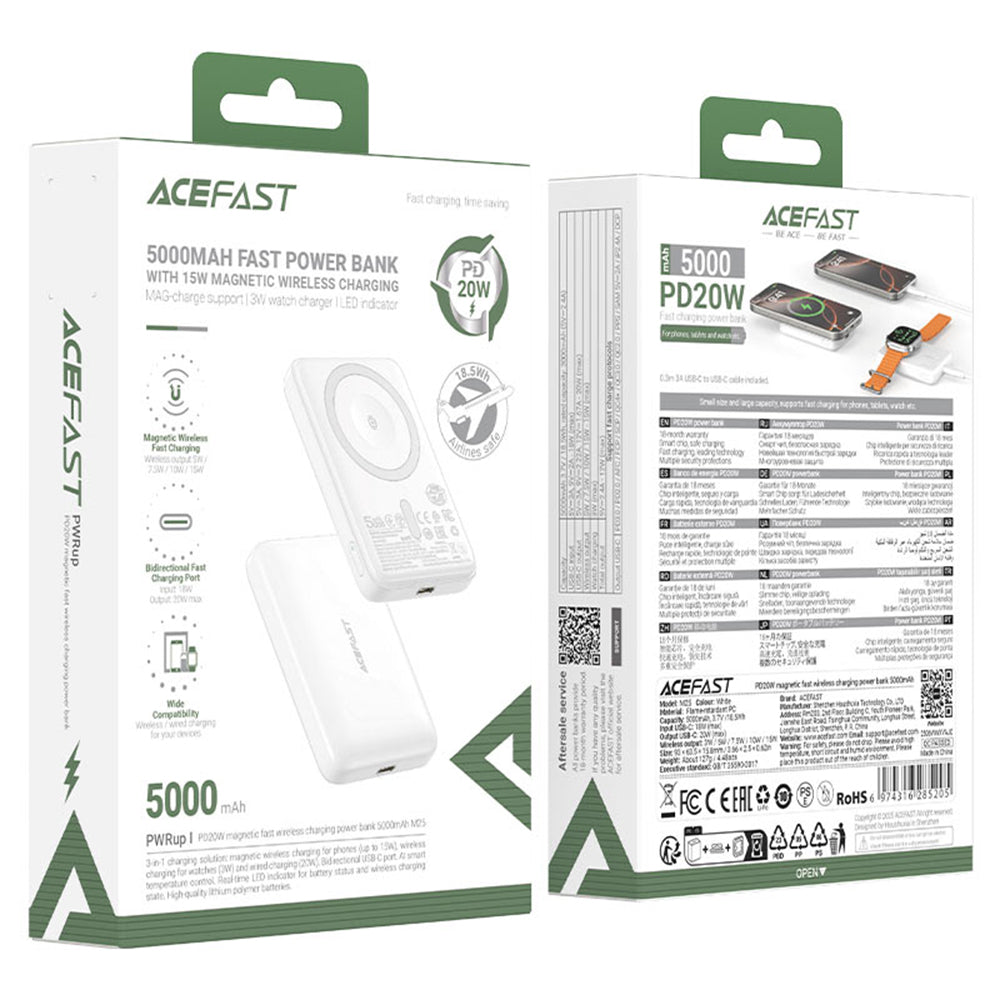 Baterie Externa Wireless Acefast M25, 5000mAh, 20W, PD + FQI, 1 x QI - 1 x USB-C, Alba