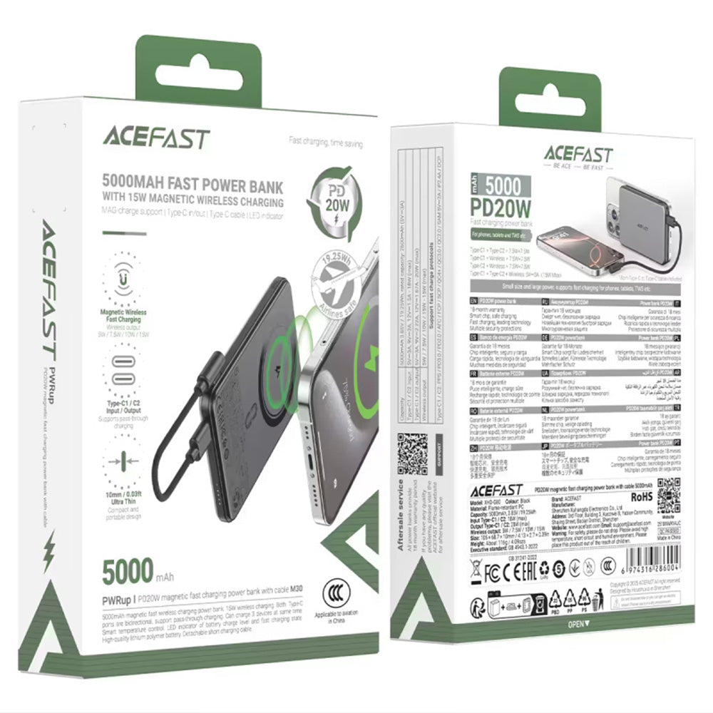 Baterie Externa Wireless Acefast M30, 5000mAh, 20W, PD + FQI, 1 x QI - 2 x USB-C, Neagra