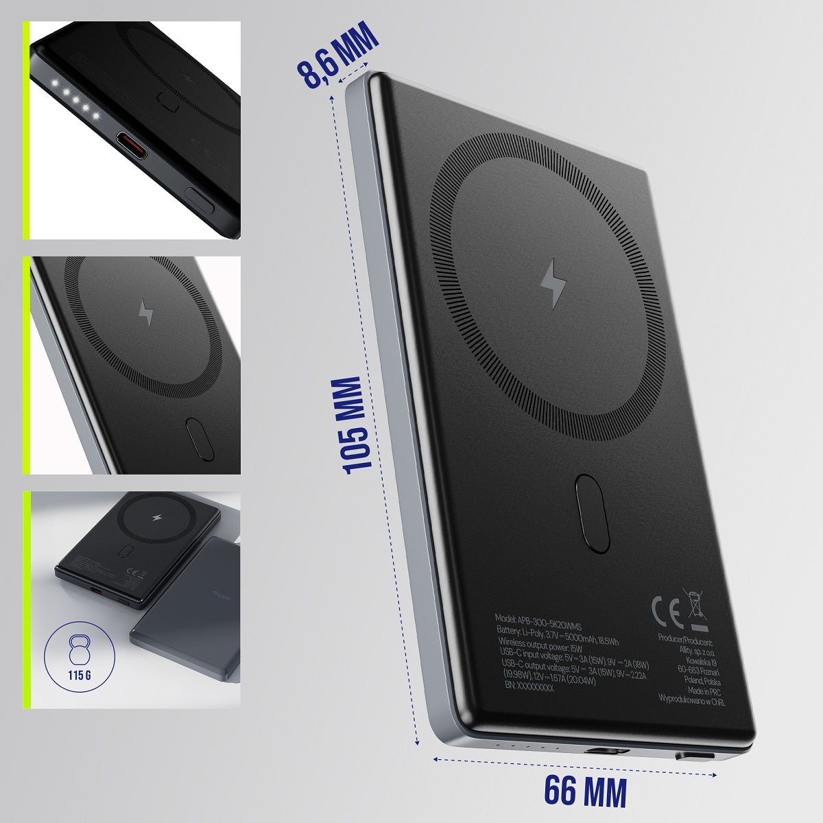 Baterie Externa Wireless Allity. APB-300, 5000mAh, 20W, PD + FQI, 1 x QI - 1 x USB-C, Gri