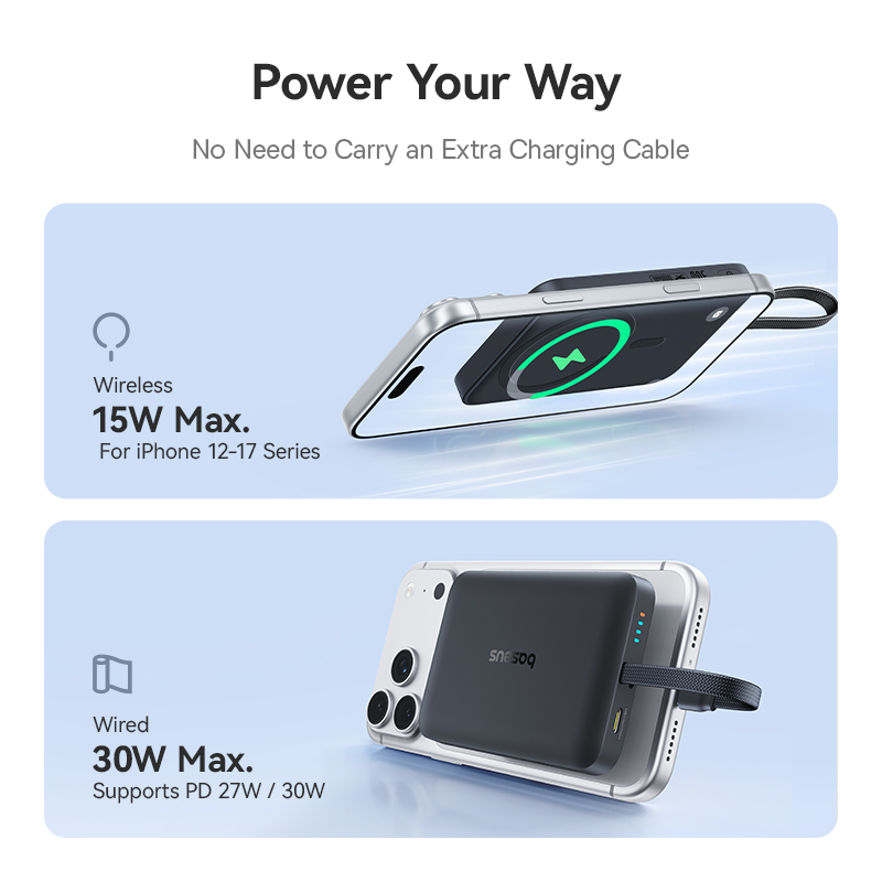 Baterie Externa Wireless Baseus EnerFill FM11, 10000mAh, 30W, PD + FQI, 1 x QI - 2 x USB-C, Neagra E0028904