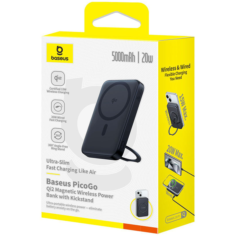 Baterie Externa Wireless Baseus PicoGo, 5000mAh, 20W, PD + FQI, 1 x QI - 1 x USB-C, Neagra P10076802123-00