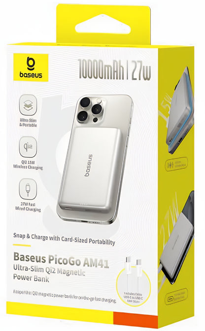 Baterie Externa Wireless Baseus PicoGo AM41, 10000mAh, 27W, PD + FQI, 1 x QI - 1 x USB-C, Bej E0027203