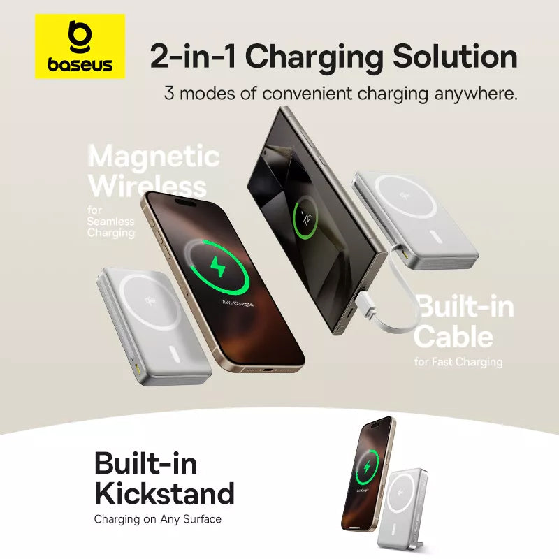 Baterie Externa Wireless Baseus Nomos Kickstand, 10000mAh, 45W, PD + QI, 1 x QI - 1 x USB-C, Neagra P10078800843-00